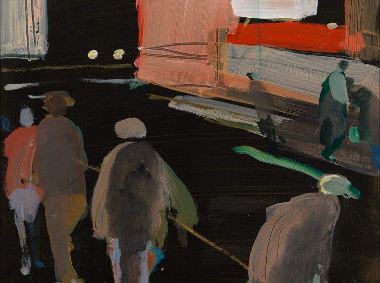 An almost abstract rendering in broad brushstrokes of a city street at night with, in the foreground, the shapes of people whose inner lives we can almost sense heading home from work.