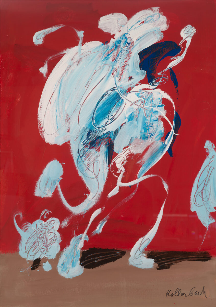 An abstract painting that seems to depict a figure in a complex layering of blue and white paint that has been scored by lines, such as might have been made by the wooden tip of a paint brush. The background is intensely red.