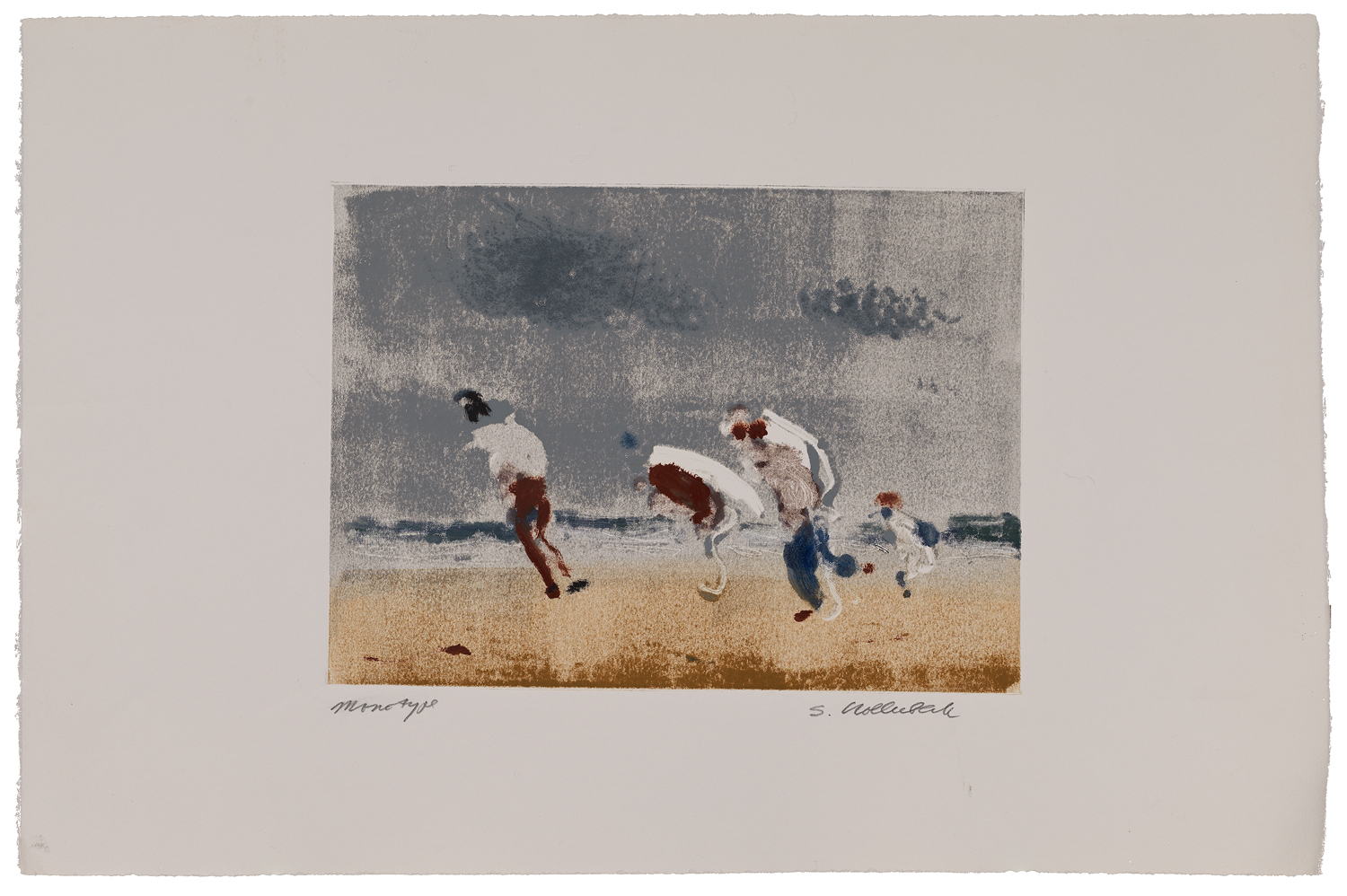 A semi-abstract beach with four figures—three large and one small—is depicted on a rectangular sheet of paper. The larger figures are in profile, hunched over and walking on the beach toward the left side of the canvas, seemingly against a strong wind. The smaller figure walks toward the water, their back to us.