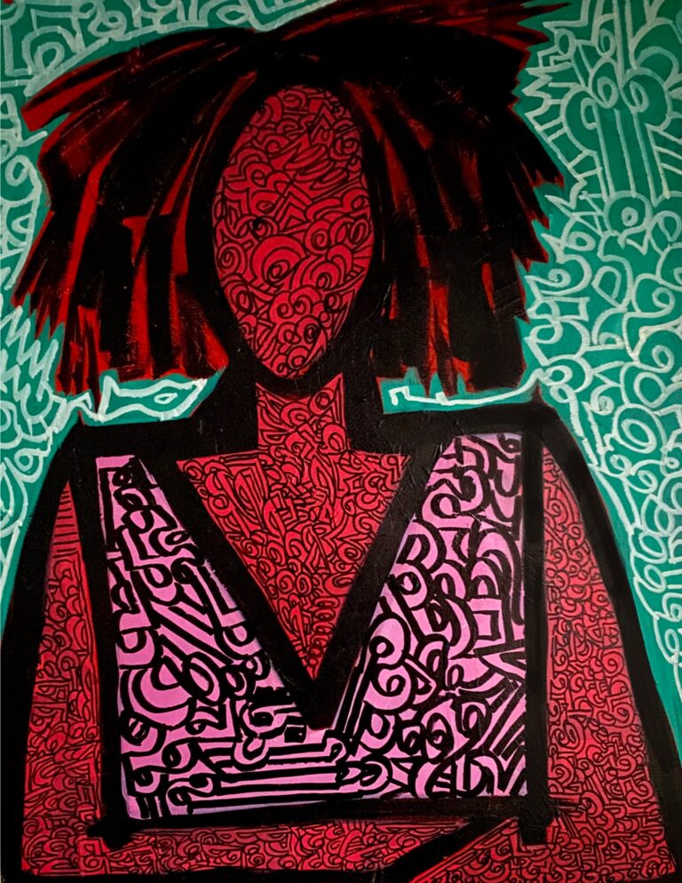 We see the upper body of a faceless woman, arms folded in front of her, boldly presented in black outline and bright paint: red for her body, pink for her tank top and green for the background. A kaleidoscope of line work scrolls across every part of the painting, except for the woman's hair, which is a disorganized page-like halo of black and red around her head.