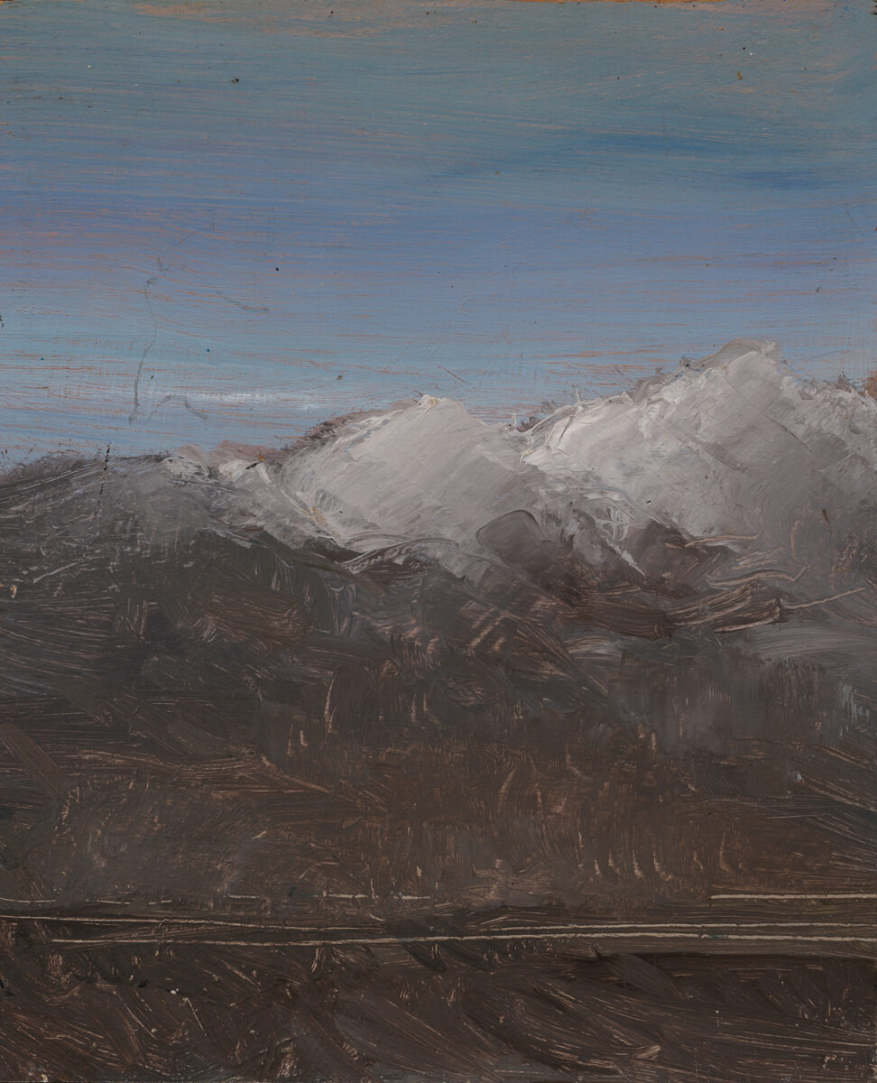 A painting of a white-capped mountain. Above it, a cool, bluish-purple sky is etched with the thin orange streaks of a setting sun and wispy grey and white clouds. Most of the mountain is dark, but the brown paint has been laid over a warm orange-red underpainting, and, with the end of a paintbrush or some other blunt tool, the painter drew into the brown paint while it was still wet to expose glimmers of this orange beneath.