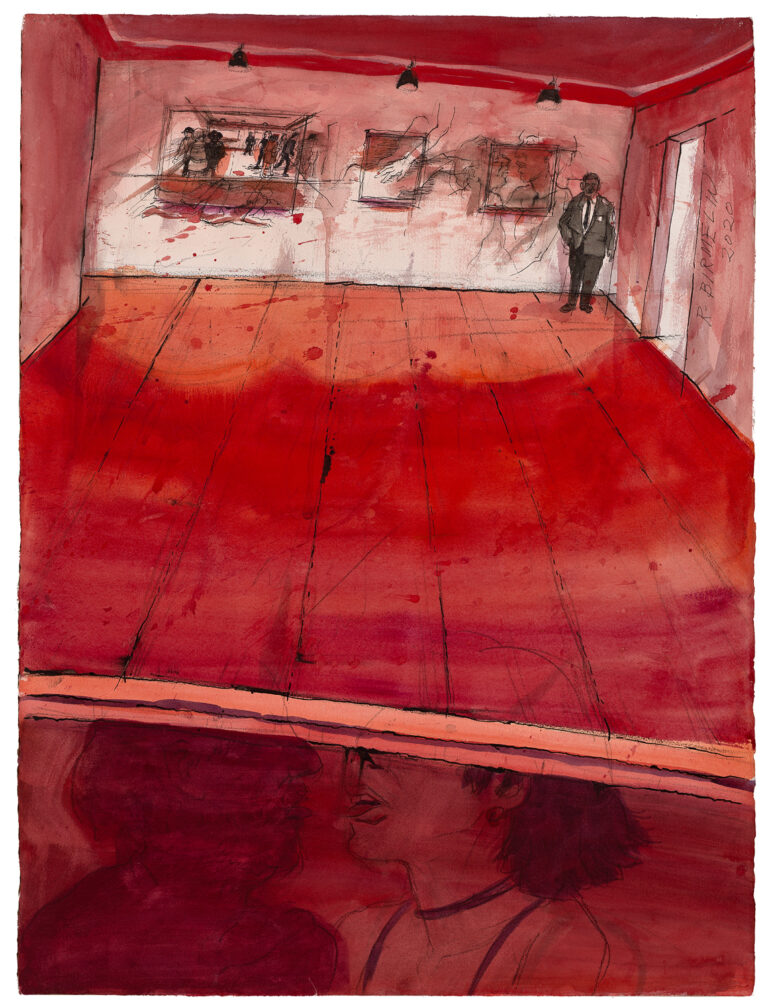 The color red predominates in this watercolor of two different scenes. Above is a gallery space with drawings on the wall and a guard in the right corner; below are the heads in profile of a couple facing one another. The painting is reversible.