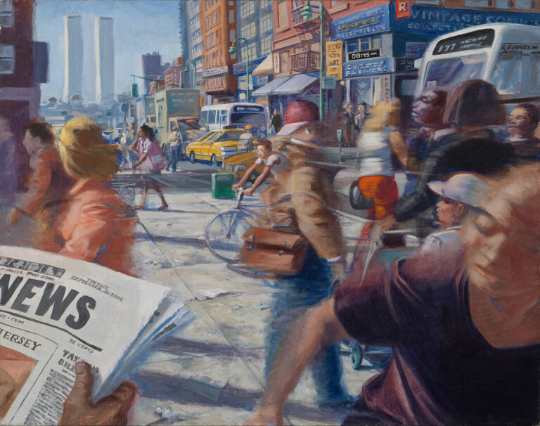 A street in New York, busy with people going about their business, with, in the far distance, the twin towers against a hazy blue sky. In just a few minutes, the first tower will be struck by a hijacked plane, which we know from the painting’s title and the clock above one of the storefronts.