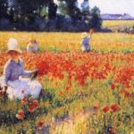 Women pick flowers in a brilliant field of poppies.