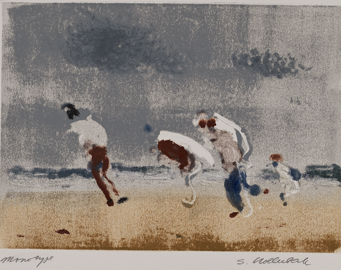 a semi-abstract beach with four figures—three large and one small—is depicted on a rectangular sheet of paper. The larger figures are in profile, hunched over and walking on the beach toward the left side of the canvas, seemingly against a strong wind. The smaller figure walks toward the water, their back to us.