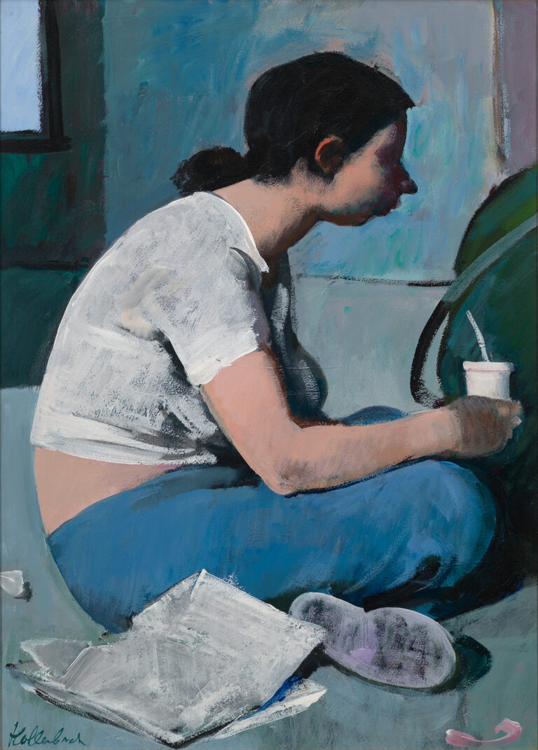 A woman in profile sits cross-legged on the ground. She's drinking from a cup with a straw in it. There's a paper on the ground beside her and a backpack behind her.