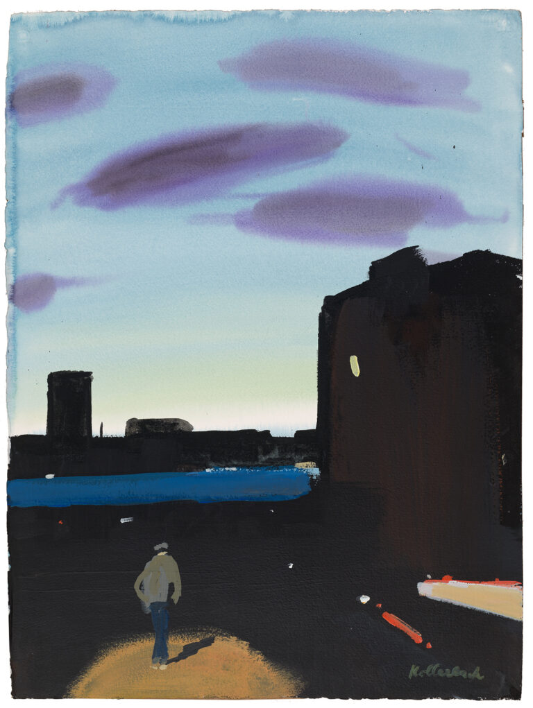 A lone figure, his back to the viewer, stands in a half circle of ochre light in front of a dark cityscape.