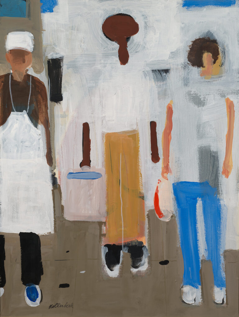 Three figures with featureless faces stand in a line facing the viewer. The figure on the left has an apron and chef's hat on. The figures are flat in aspect against a background of abstract shapes.