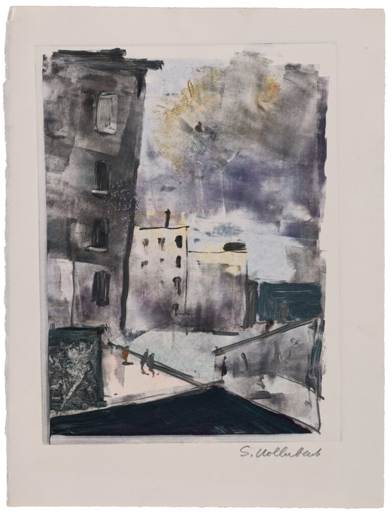 Monotype in muted tones of an urban scene with tiny figures and a roiling sky.