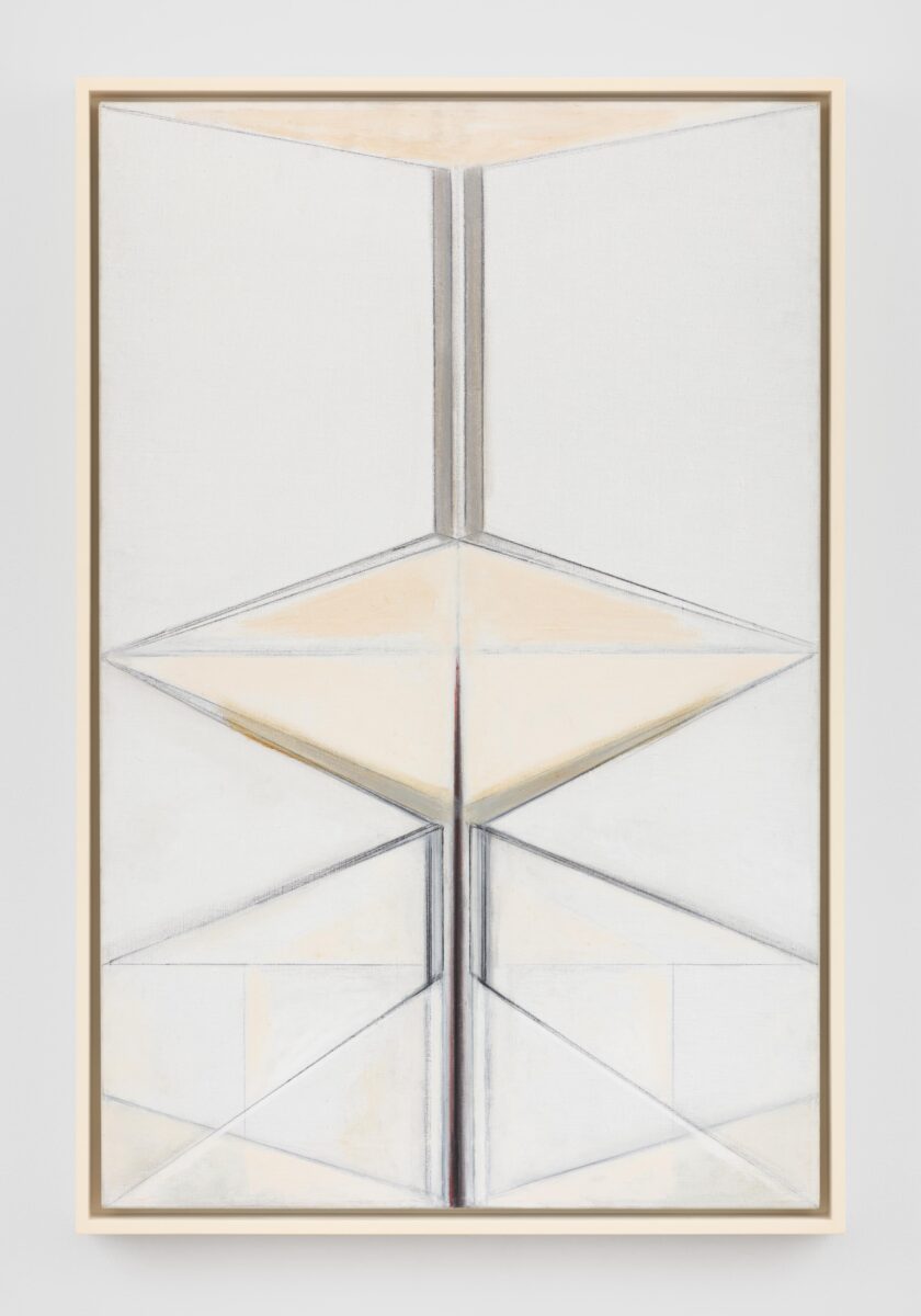 A pale, abstract painting with lines of various weights whose geometric shapes (triangles and rhomboids) intersect to create a sense of a prismatic dimension.