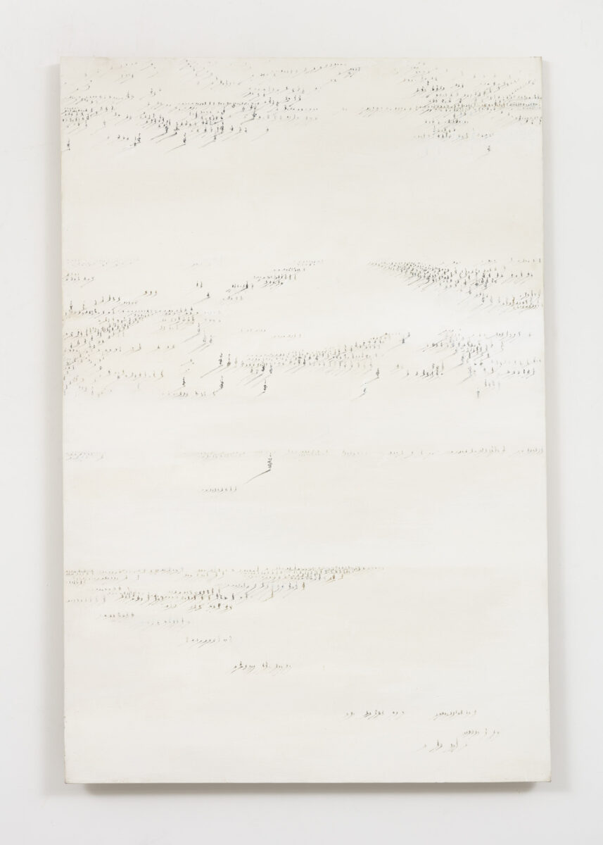 A largely white canvas with groupings of marks that evoke a gathering of forces on a vast landscape and can be viewed as figures, totems, shadows, or calligraphy of a secret language.