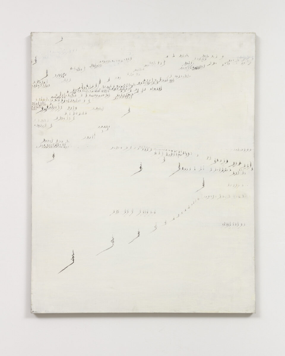 A largely white canvas with groupings of marks that evoke a gathering of forces on a vast landscape and can be viewed as figures, totems, shadows, or calligraphy of a secret language.