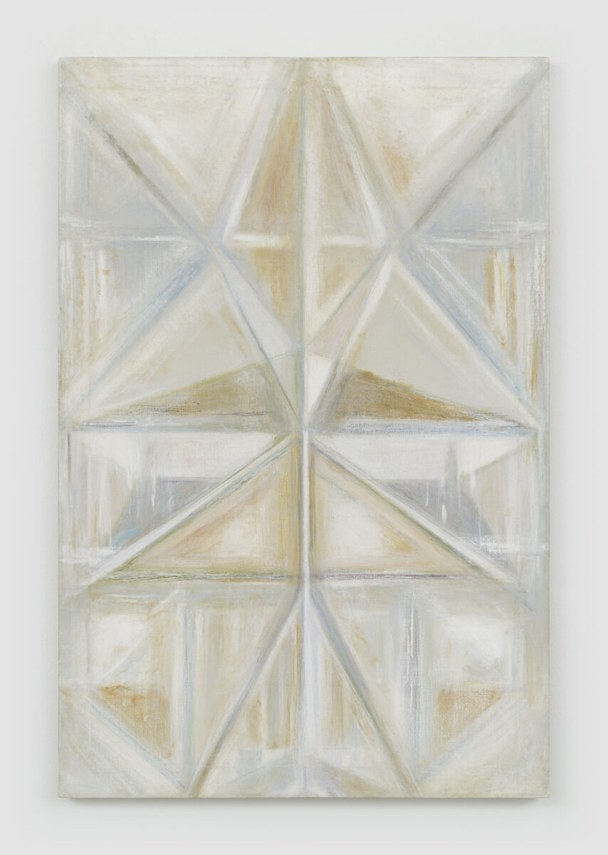 A pale, abstract painting dominated by notes of ochre, gray, and white with lines of various weights whose intersecting triangles create a prismatic dimension.
