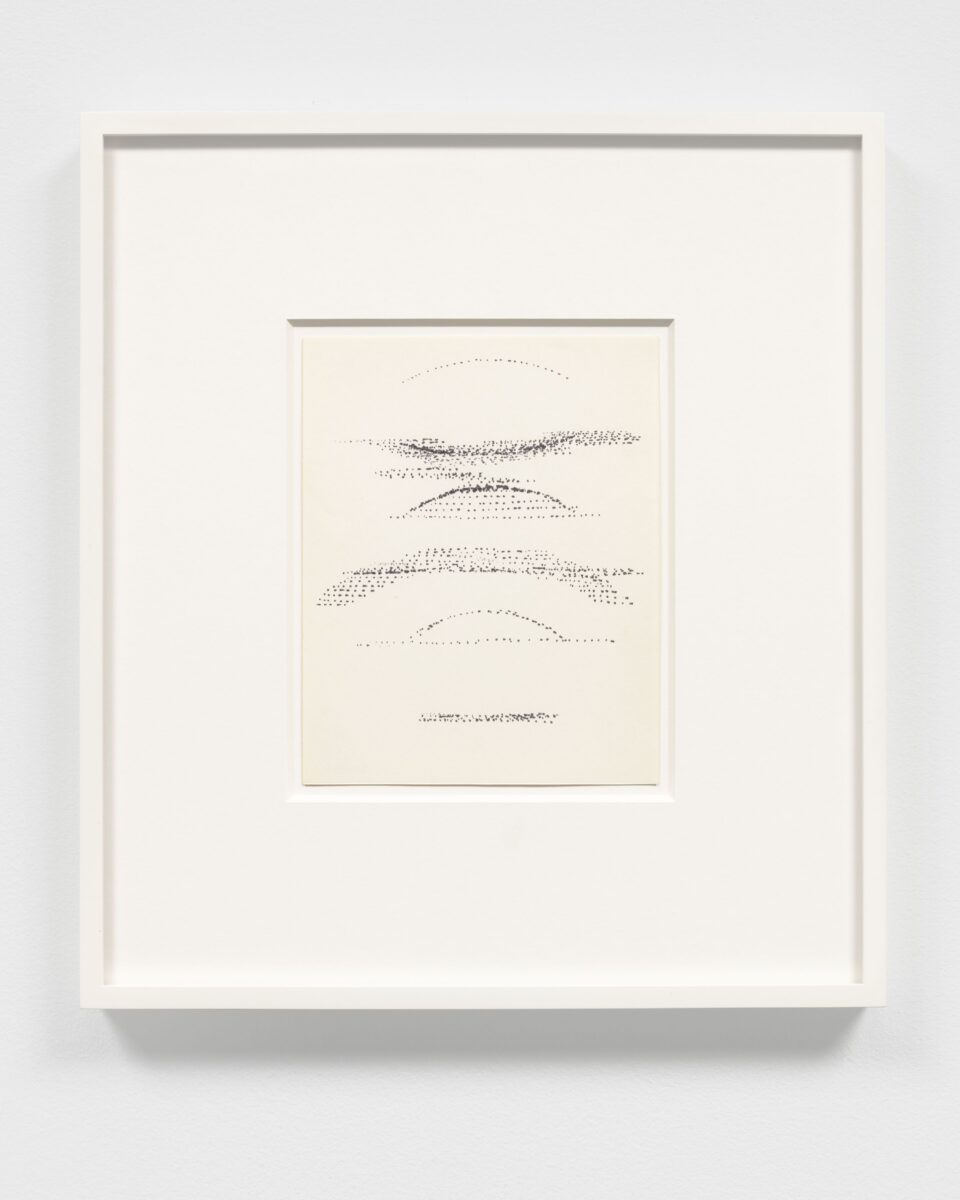 Stippled marks in pen representing horizontal, linearly composed masses of dots in distinct rows from the bottom to the top of the paper.