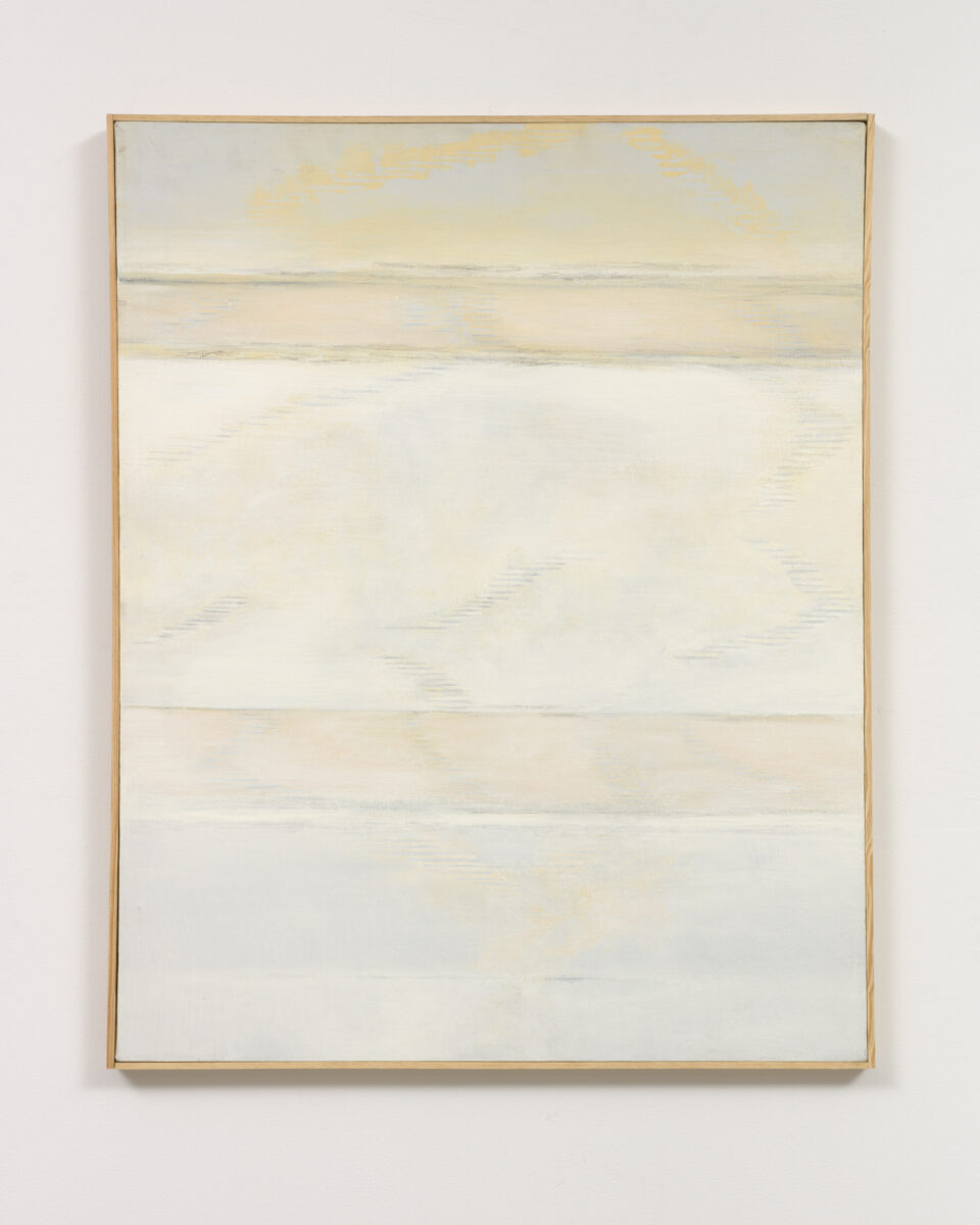 A pale, abstract painting with alternating horizontal bands and calligraphic marks whose topmost band is the most chromatic with streaks of yellow.